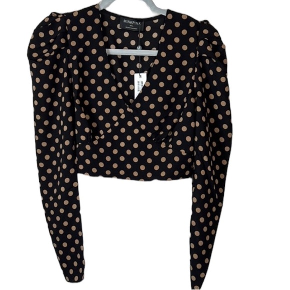 MINKPINK Puff Sleeve Crop Polk a Dot Long Sleeve Top In Black And Tan Size S - Picture 2 of 8